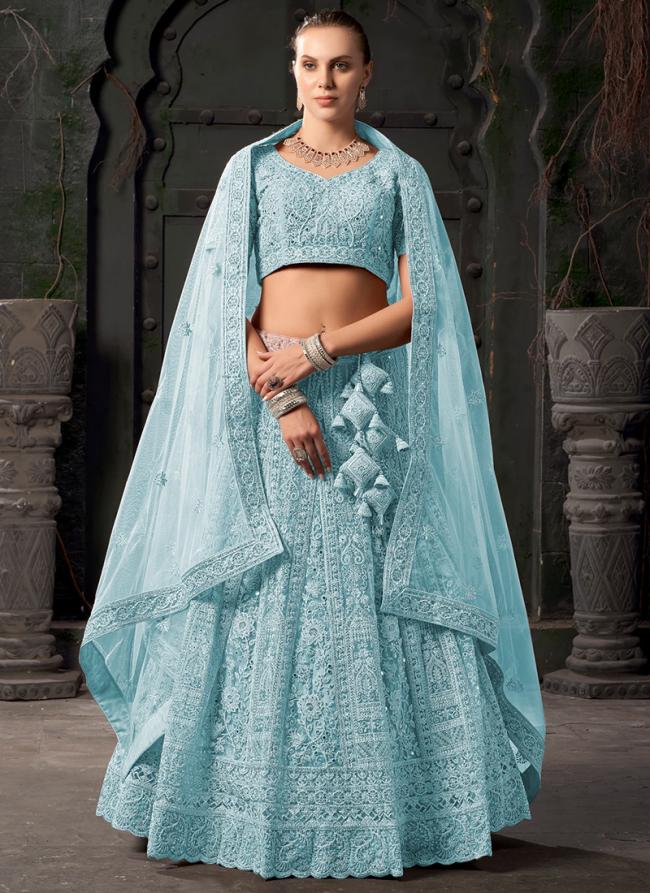 Premium Net Sky Blue Bridal Wear Zarkan Work Lehenga Choli